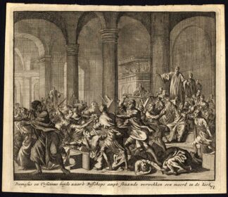 Antique Print-DAMASUS-URSINUS-BISHOP-CHURCH-FIGHTING-Pl. 71-Luyken-1740
