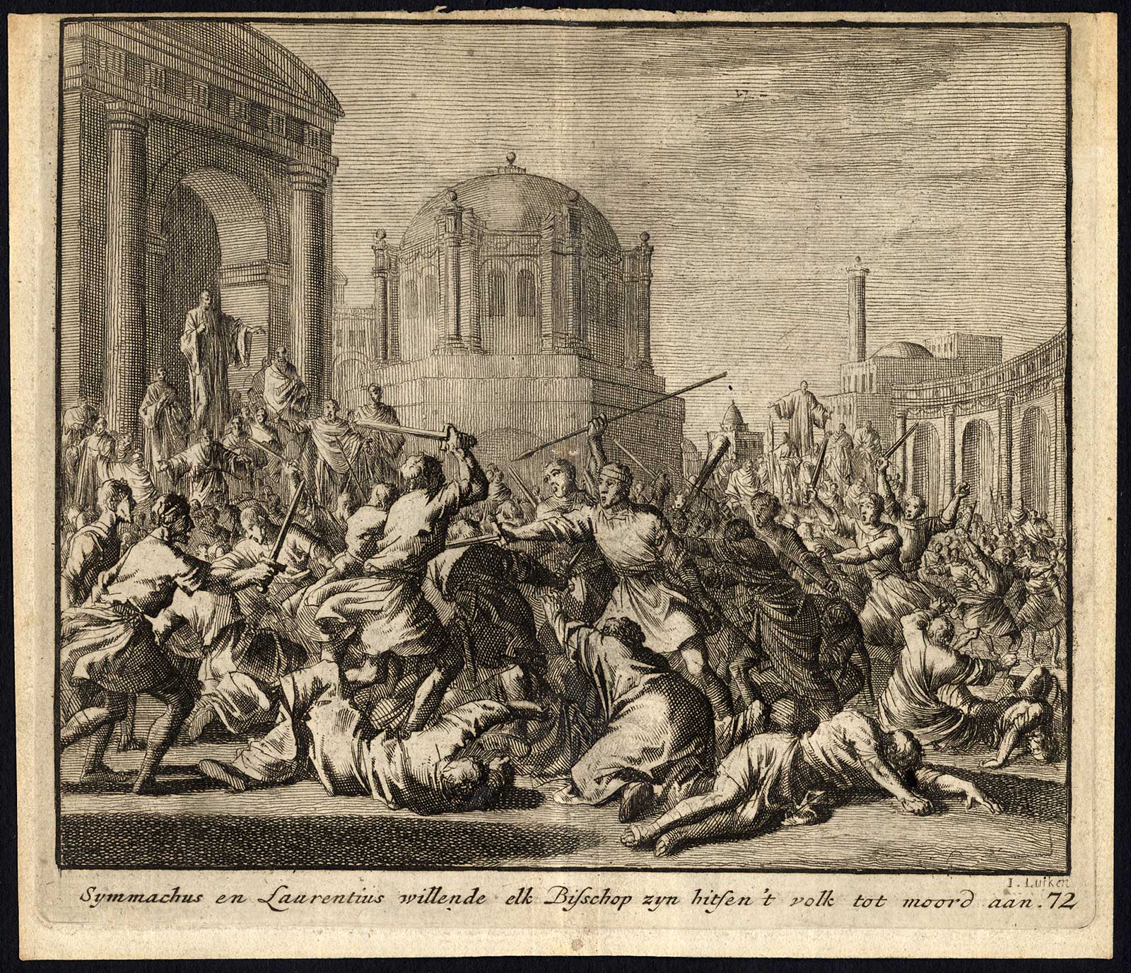 , Antique Print-LAURENTIUS-SYMMACHUS-BISHOP-MURDER-Pl. 72-Luyken-1740, Pictura Antique Prints