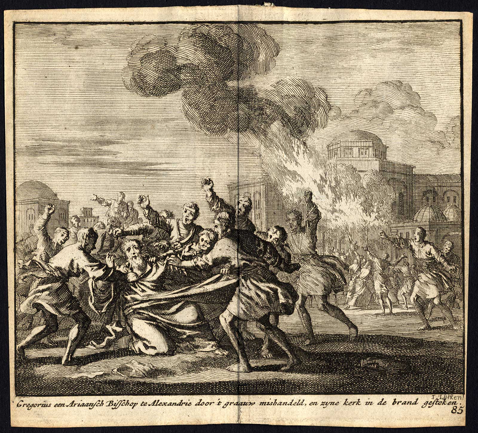 , Antique Print-BISHOP-ARYAN-CHURCH-BURNING-ATTACK-Pl. 85-Luyken-1740, Pictura Antique Prints