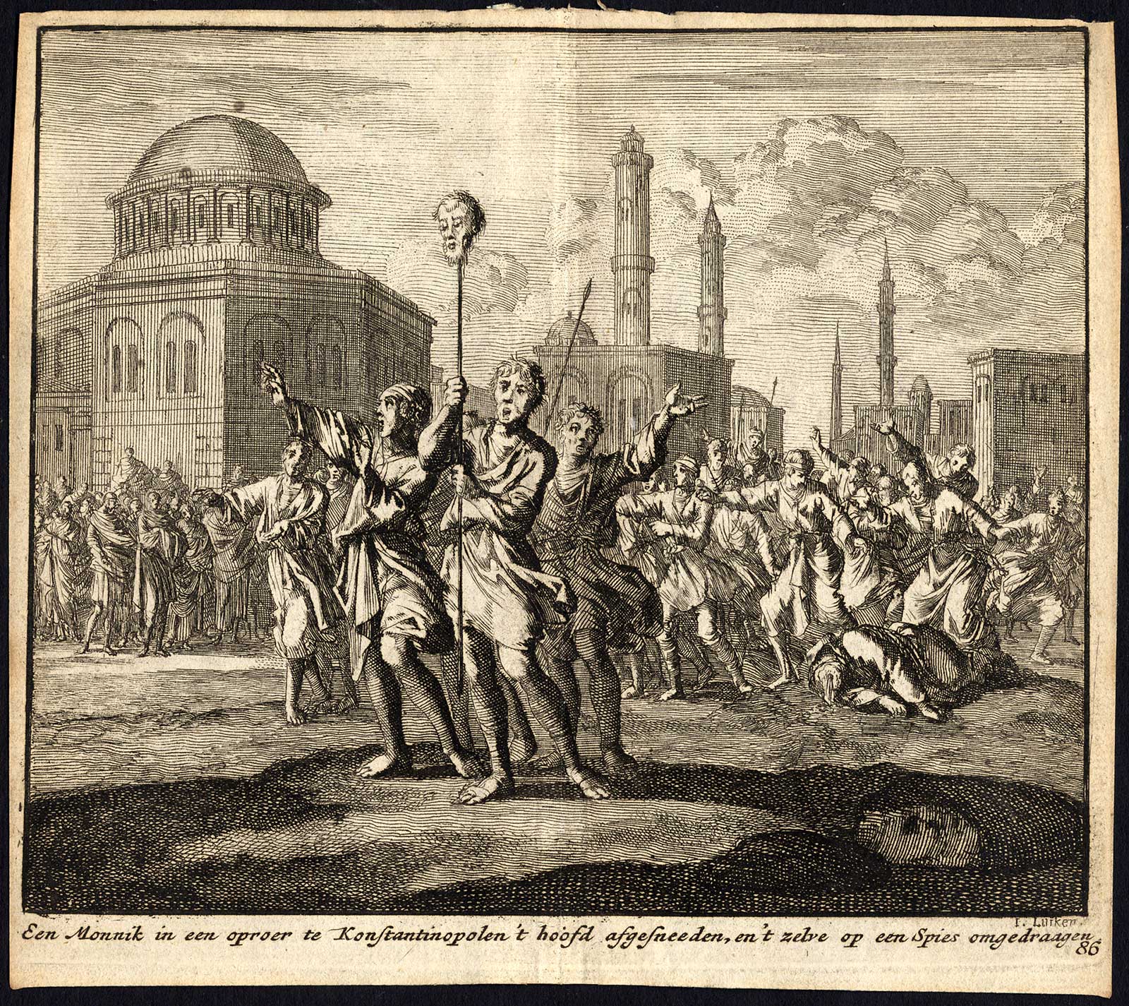 , Antique Print-DECAPITATE-BEHEAD-STAKE-SEVERED-HEAD-PROCESSION-Pl. 86-Luyken-1740, Pictura Antique Prints