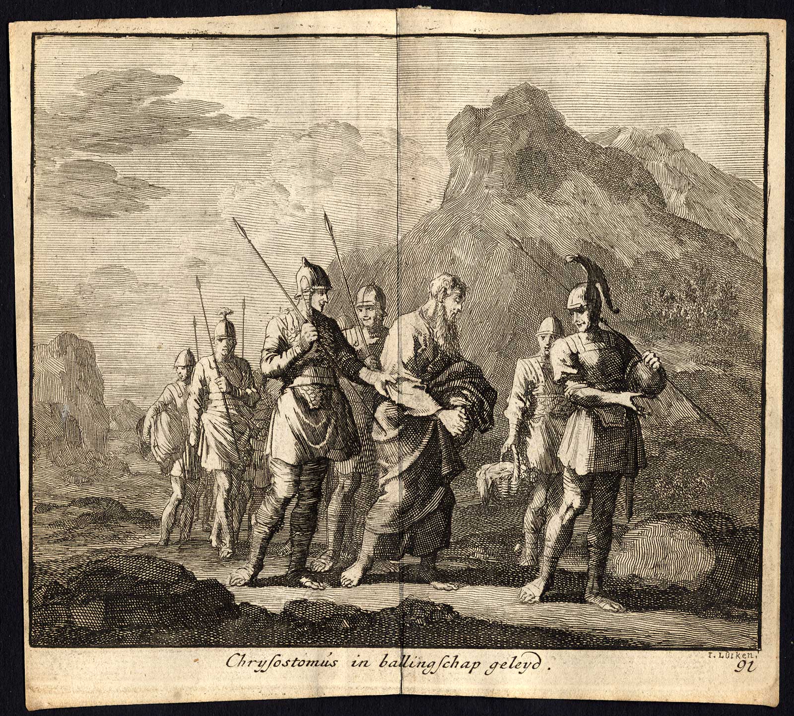 , Antique Print-SOLDIER-GUARD-CHRYSOSTOMOS-EXILE-Pl. 91-Luyken-1740, Pictura Antique Prints