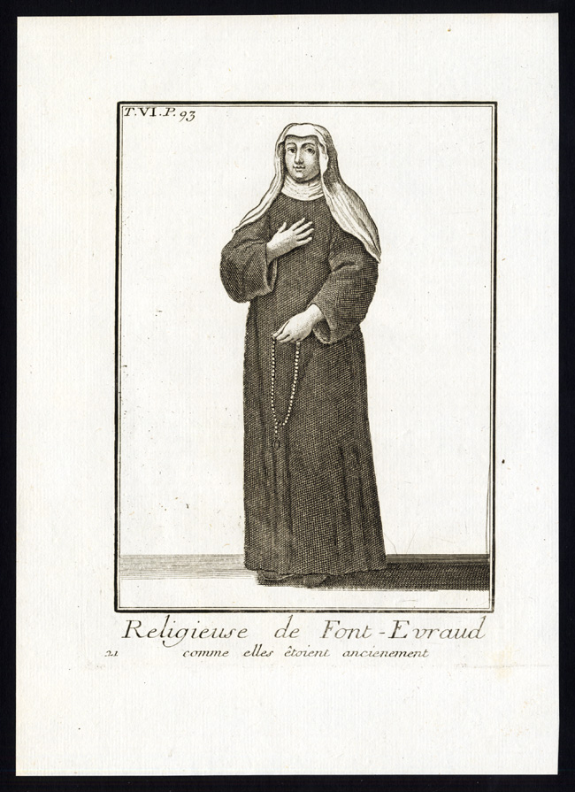 , 6 Antique Religious Prints-NUN-ABBEY-FONTEVRAUD-FONTEVRAULT-FRANCE-Helyot-1792, Pictura Antique Prints