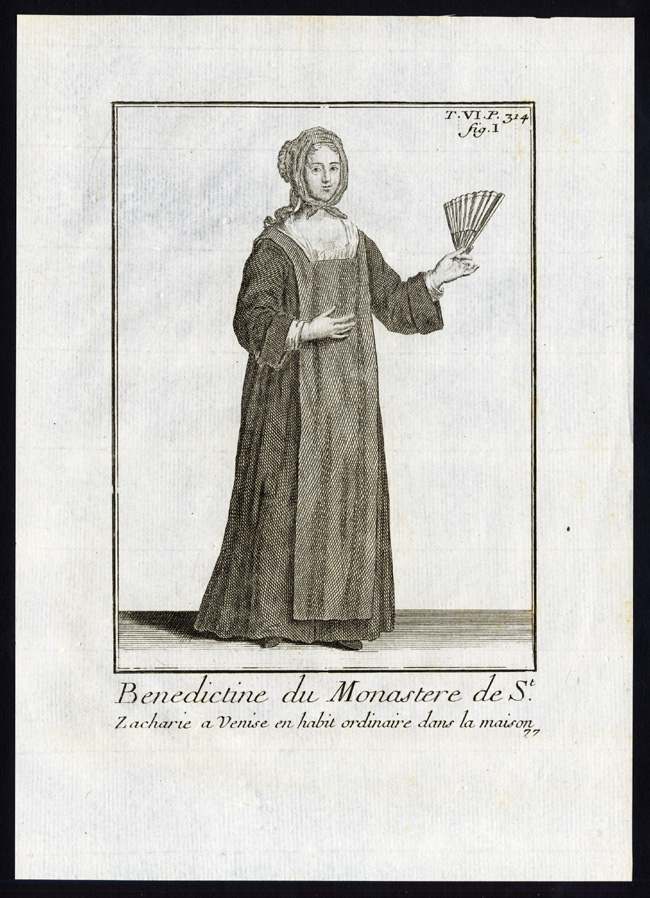 , 2 Antique Religious Prints-BENEDICTINE-ST ZACHARY-MONASTERY-VENICE-Helyot-1792, Pictura Antique Prints