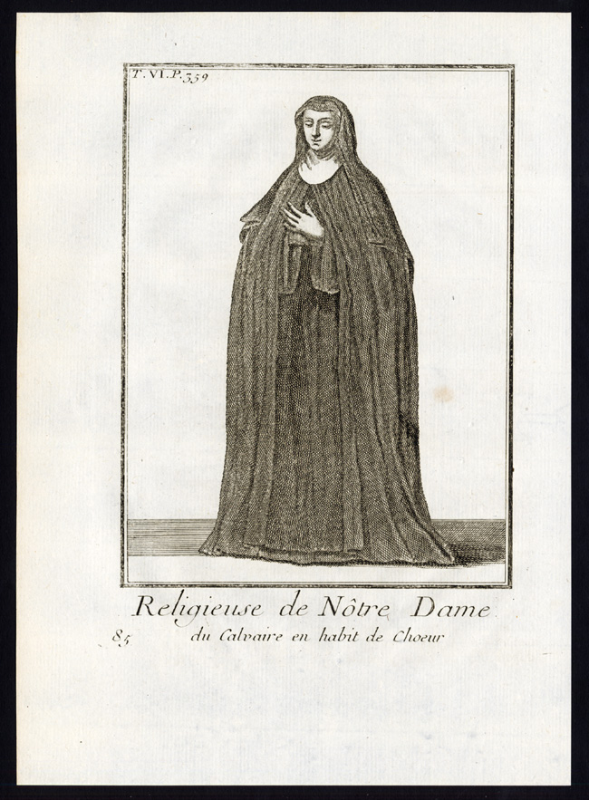 , 2 Antique Religious Prints-NUN-NOTRE DAME DE CALVAIRE-MONASTERY-Helyot-1792, Pictura Antique Prints