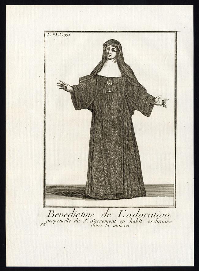 , 2 Antique Religious Prints-ADORATION PERPETUELLE DU ST SACREMENT-NUN-Helyot-1792, Pictura Antique Prints