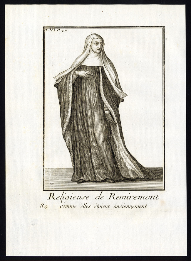 , 2 Antique Religious Prints-NUN-REMIREMONT-MONASTERY-FRANCE-Helyot-1792, Pictura Antique Prints