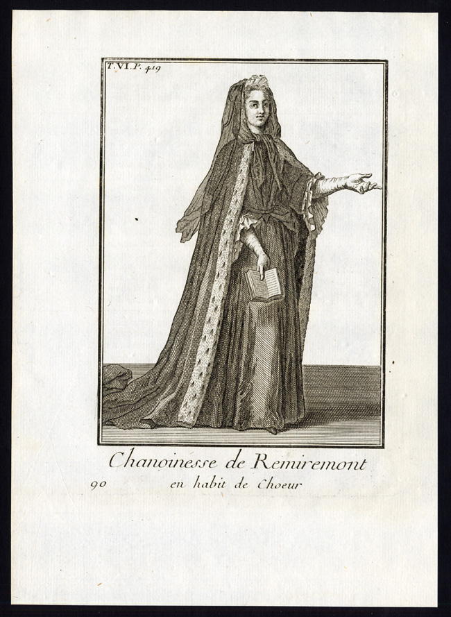 , 2 Antique Religious Prints-NUN-REMIREMONT-MONASTERY-FRANCE-Helyot-1792, Pictura Antique Prints