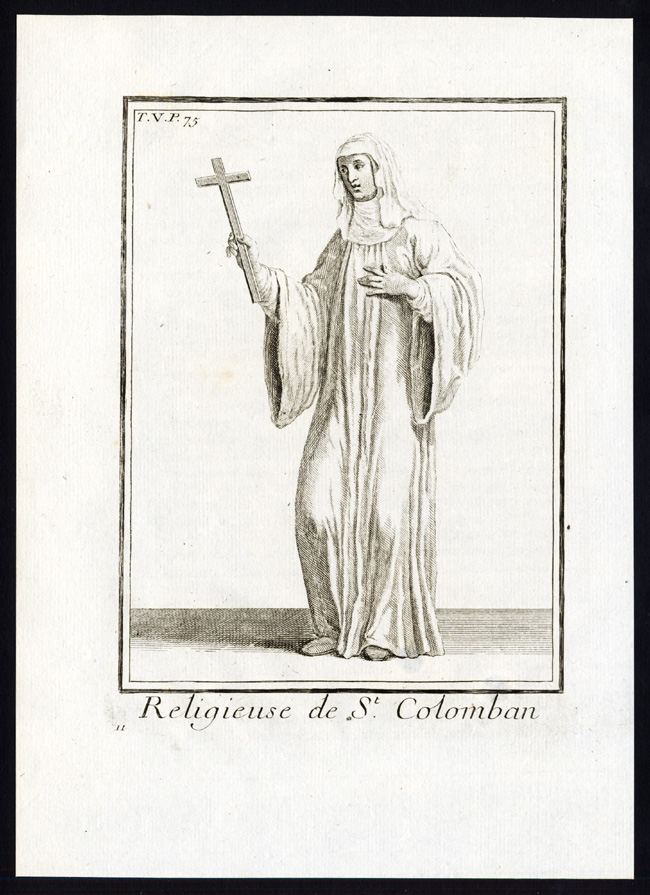 , 2 Antique Religious Prints-ORDER OF SAINT COLOMBAN-FRANCE-NUN-MONK-Helyot-1792, Pictura Antique Prints