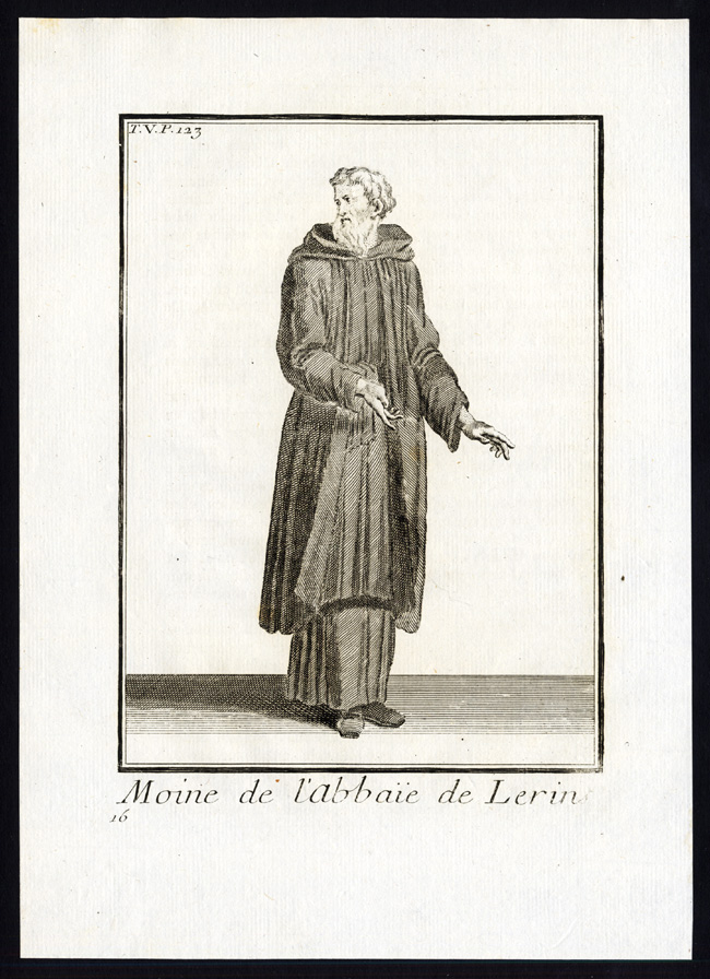 , Antique Religious Print-MONK-LERINS ABBEY-SAINT HONORAT-FRANCE-Helyot-1792, Pictura Antique Prints