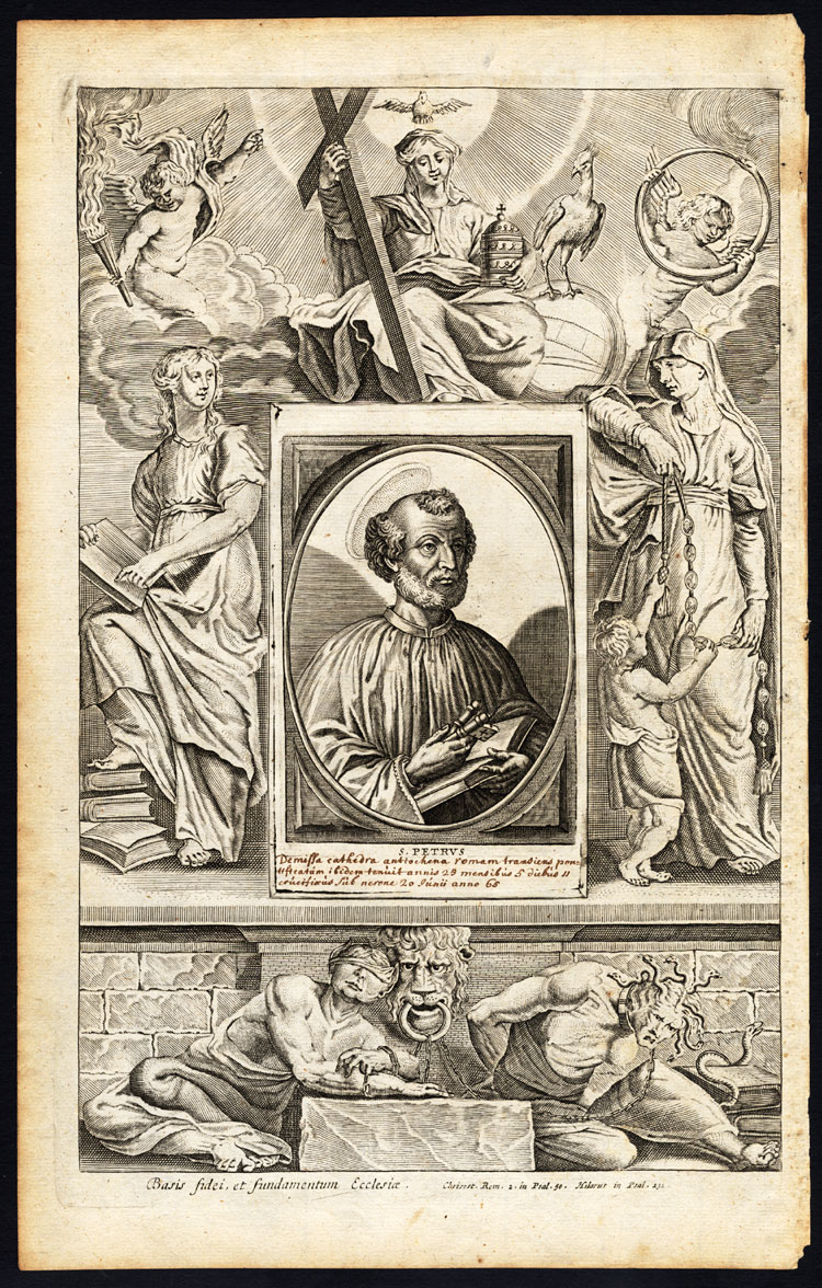 , Antique Print-SAINT PETER-HOLY MARY-ANGEL-CHERUB-PORTRAIT-Hazart-1678, Pictura Antique Prints