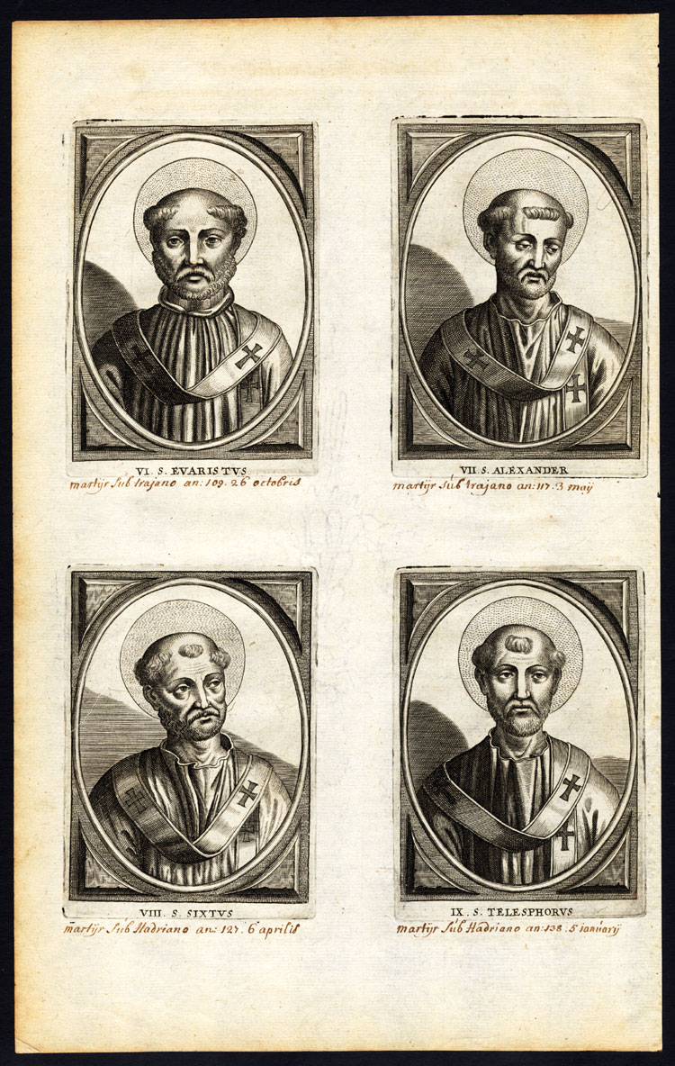 , Antique Print-POPE-SAINT-EVARISTUS-ALEXANDER I-SIXTUS-TELESPHORUS-Hazart-1678, Pictura Antique Prints