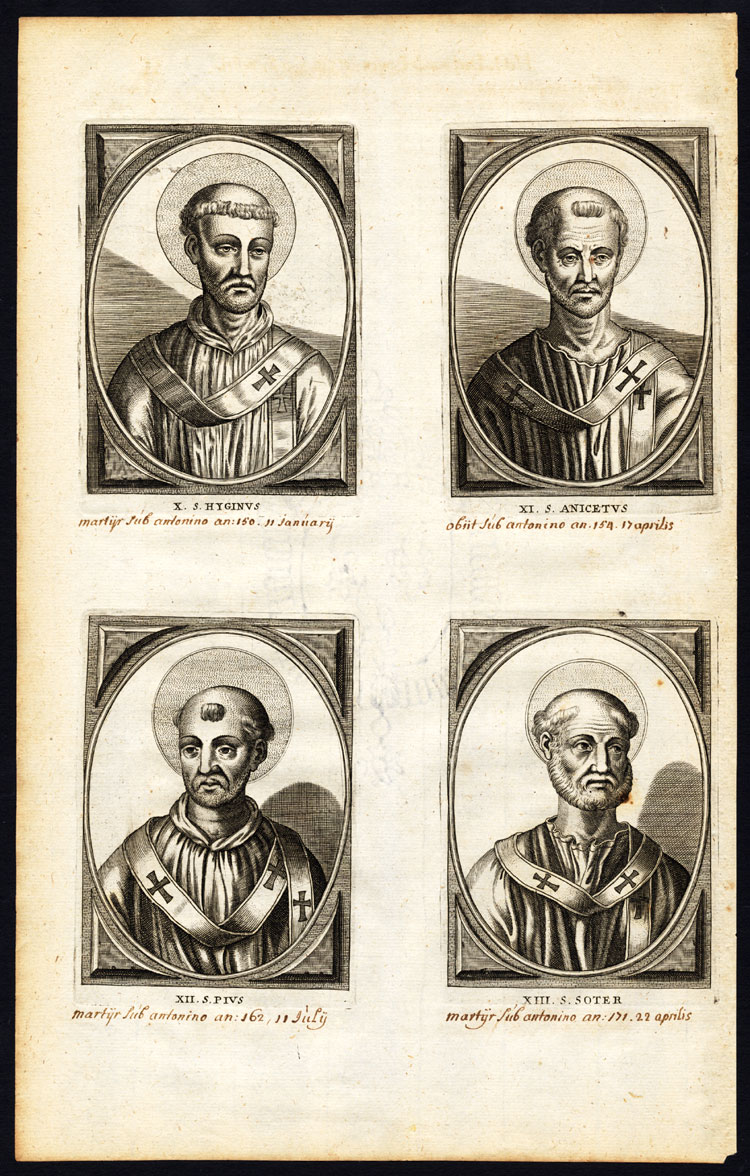 , Antique Print-POPE-SAINT-HYGINUS-ANICETUS-PIUS I-SOTER-Hazart-1678, Pictura Antique Prints