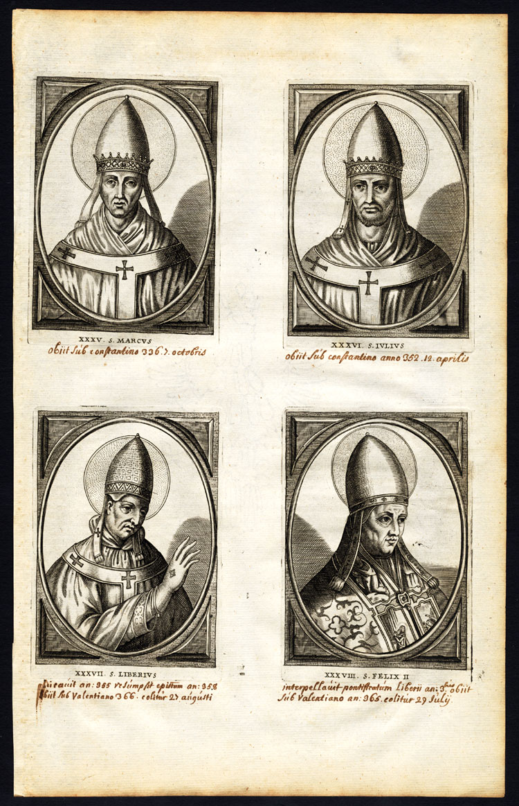 , Antique Print-POPE-SAINT-MARK-JULIUS I-LIBERIUS-FELIX II-ANTIPOPE-Hazart-1678, Pictura Antique Prints