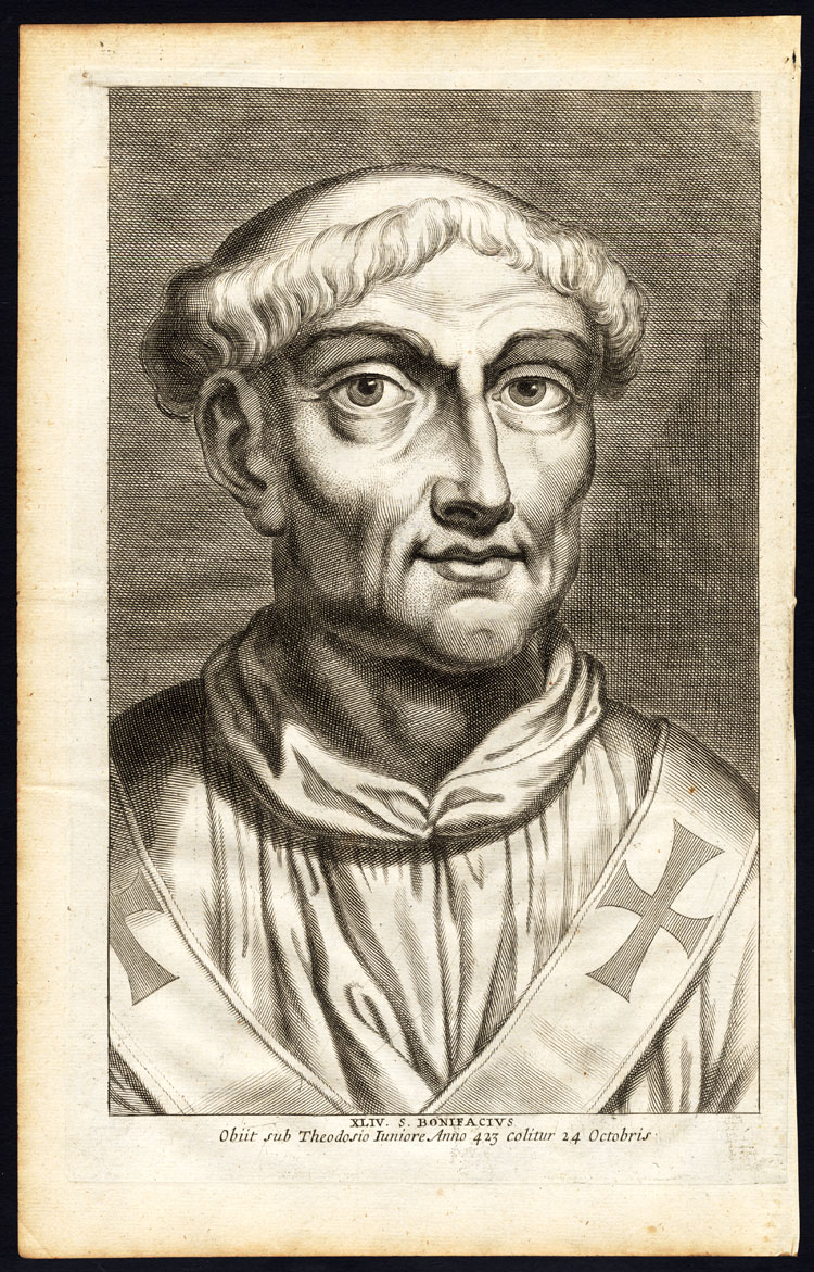 , Antique Print-POPE-SAINT-BONIFACE I-PORTRAIT-Hazart-1678, Pictura Antique Prints