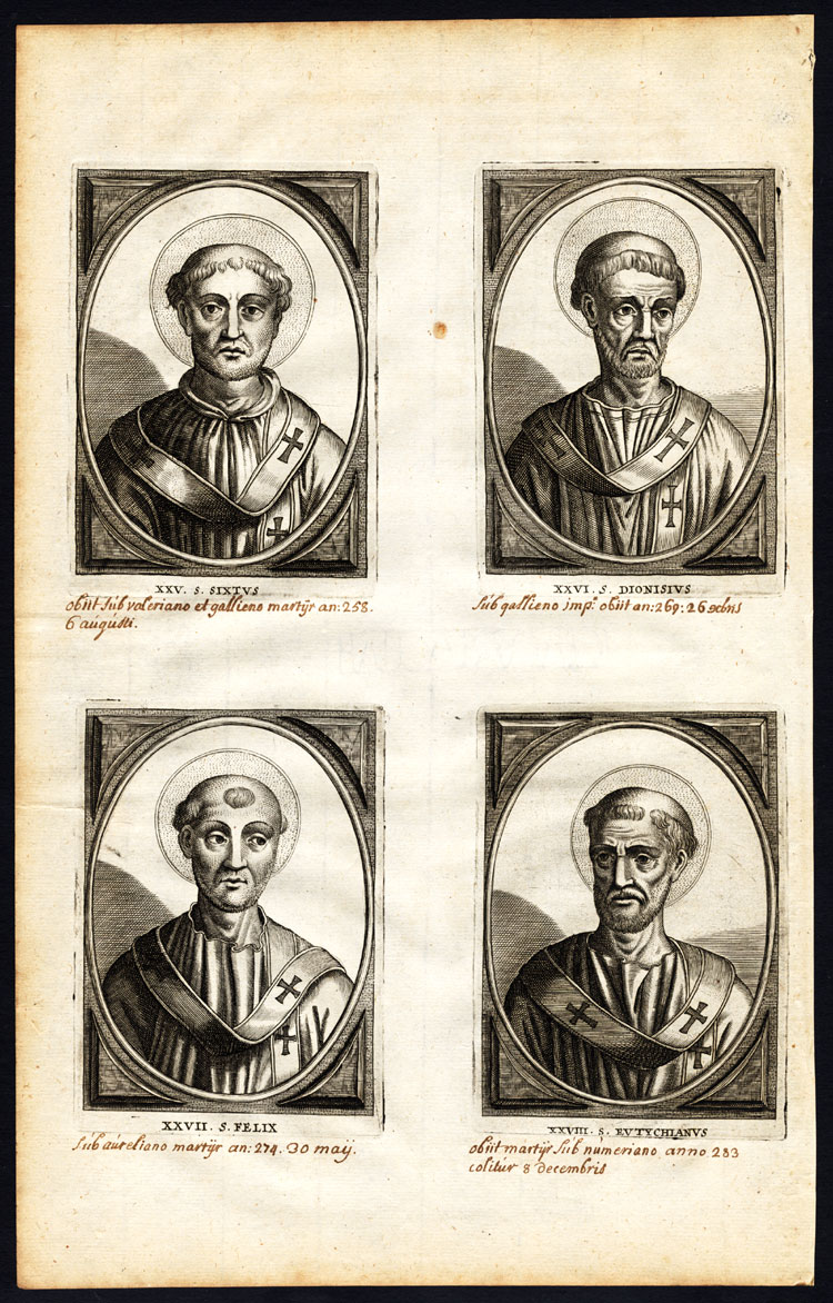 , Antique Print-POPE-SAINT-SIXTUS II-DIONYSUS-FELIX-EUTYCHIAN-PORTRAIT-Hazart-1678, Pictura Antique Prints
