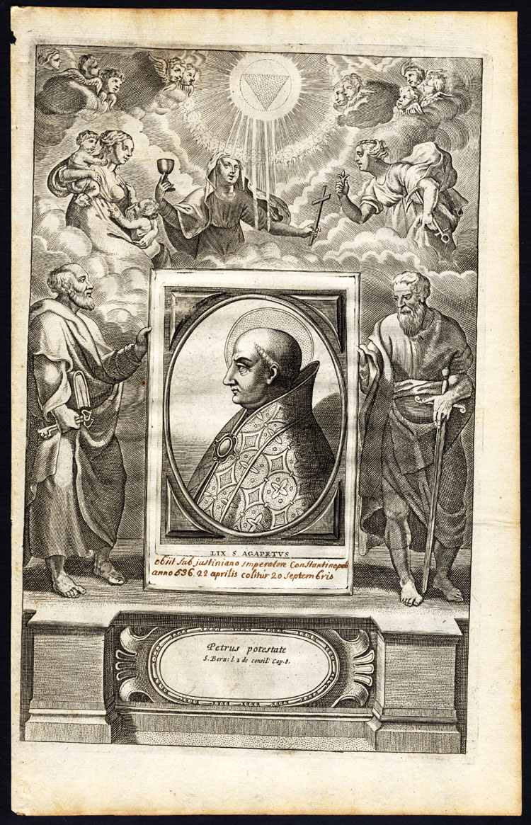 , Antique Print-POPE-SAINT-AGAPETUS I-CHRISTIAN RELICS-PORTRAIT-Hazart-1678, Pictura Antique Prints