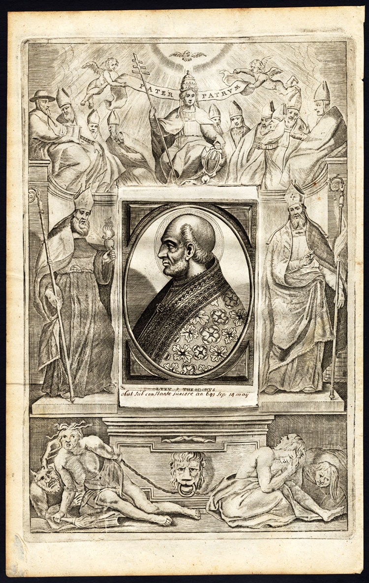 , Antique Print-POPE-SAINT-THEODORE I-PORTRAIT-MOTHER MARY-CHERUB-Hazart-1678, Pictura Antique Prints