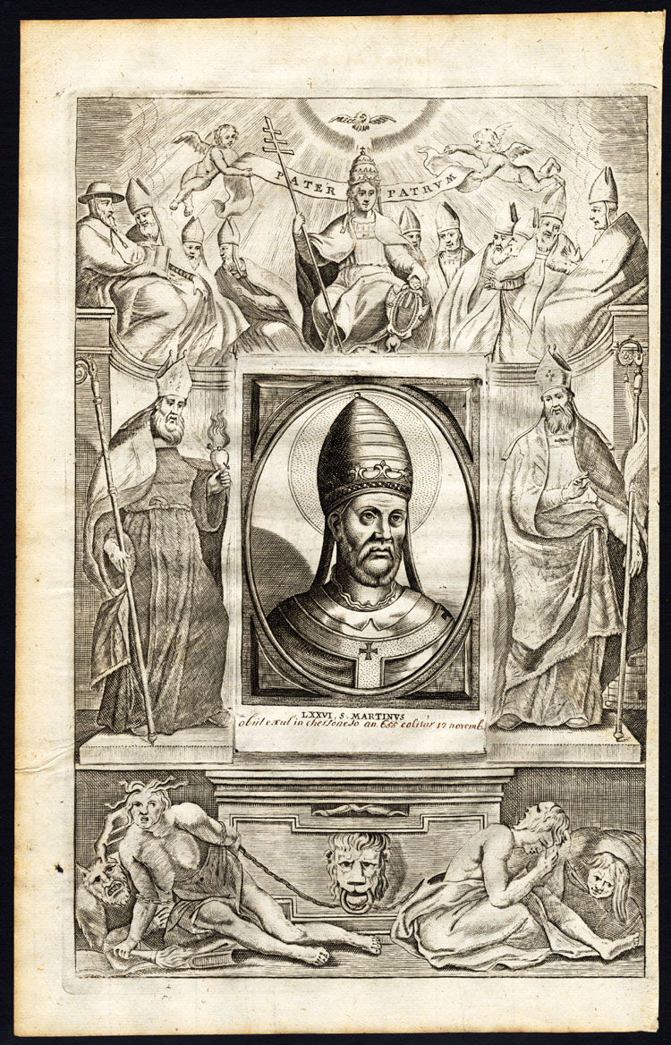 , Antique Print-POPE-SAINT-MARTIN I-PORTRAIT-MOTHER MARY-CHERUB-Hazart-1678, Pictura Antique Prints