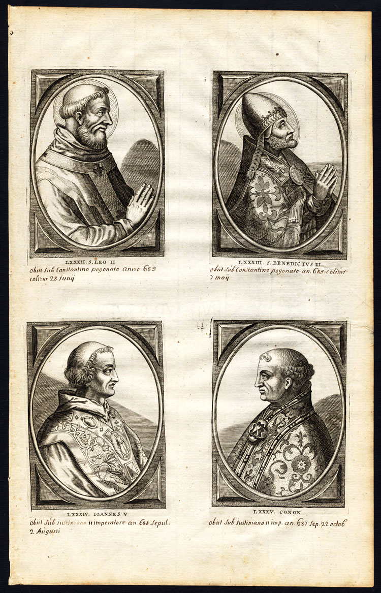 , Antique Print-POPE-SAINT-LEO II-BENEDICT-JOHN V-CONON-PORTRAIT-Hazart-1678, Pictura Antique Prints