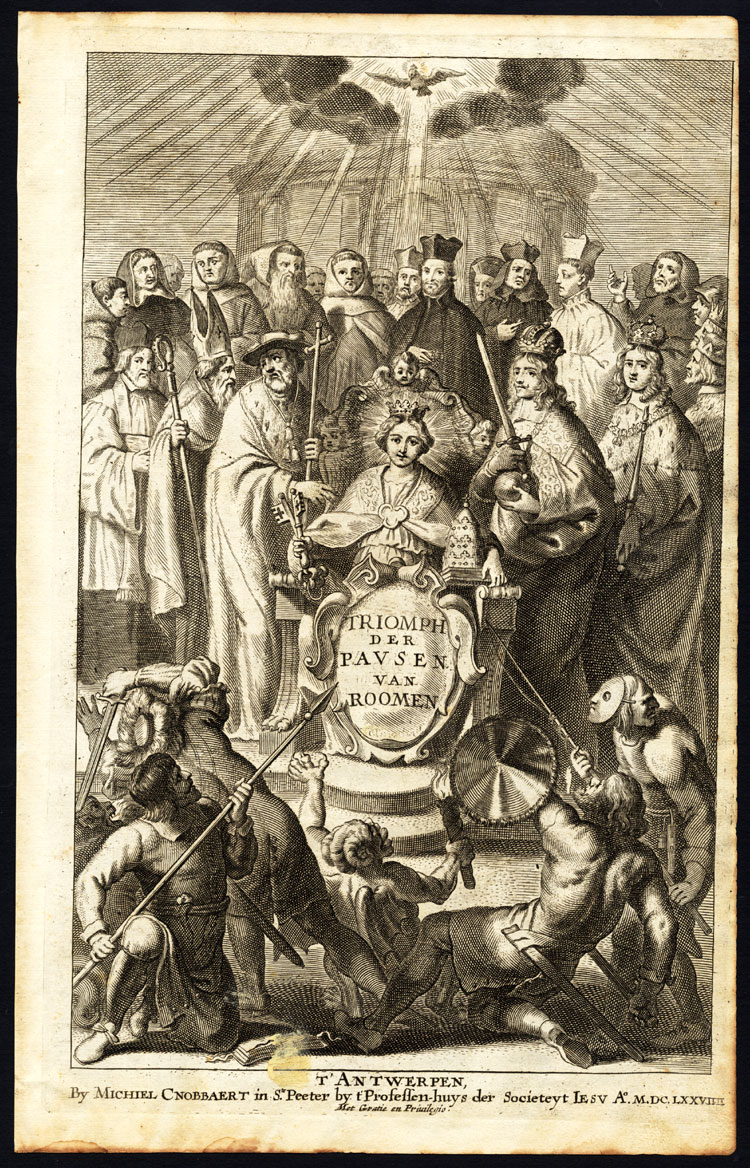, Antique Print-POPE-SAINT-TITLE PAGE-MOTHER MARY-ROMAN CHURCH-Hazart-1678, Pictura Antique Prints