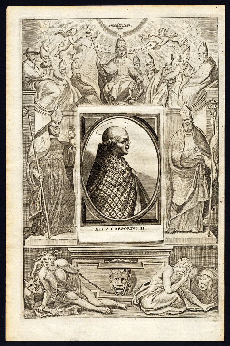 , Antique Print-POPE-SAINT-GREGORY II-GREGORIUS-MOTHER MARY-CHERUB-Hazart-1678, Pictura Antique Prints