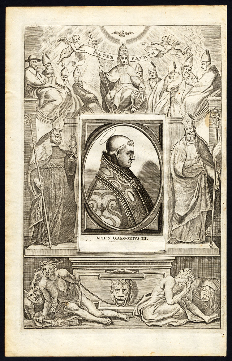 , Antique Print-POPE-SAINT-GREGORY III-MOTHER MARY-CHERUB-Hazart-1678, Pictura Antique Prints