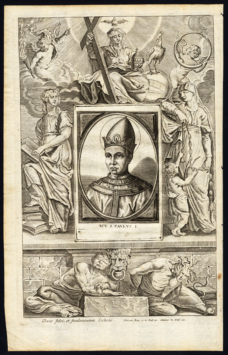 , Antique Print-POPE-SAINT-PAULUS I-MOTHER MARY-CHERUB-Hazart-1678, Pictura Antique Prints