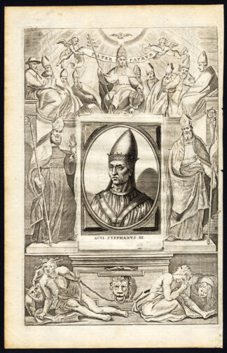 Antique Print-POPE-SAINT-STEPHEN III-MOTHER MARY-CHERUB-Hazart-1678