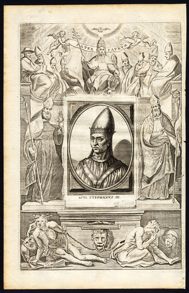 , Antique Print-POPE-SAINT-STEPHEN III-MOTHER MARY-CHERUB-Hazart-1678, Pictura Antique Prints