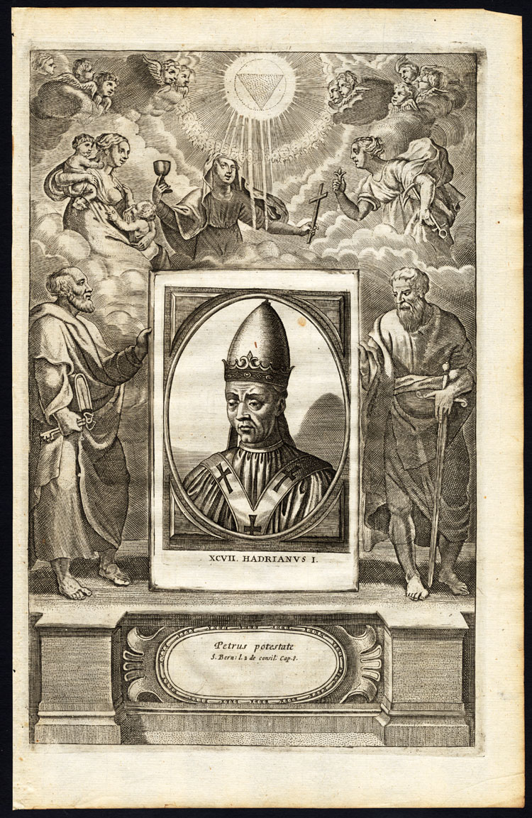 , Antique Print-POPE-SAINT-ADRIANUS I-MONK-RELIC-ANGEL-CHERUB-Hazart-1678, Pictura Antique Prints