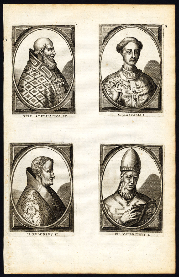 , Antique Print-POPE-SAINT-STEPHEN IV-PASCHAL-EUGENE II-VALENTINE-Hazart-1678, Pictura Antique Prints
