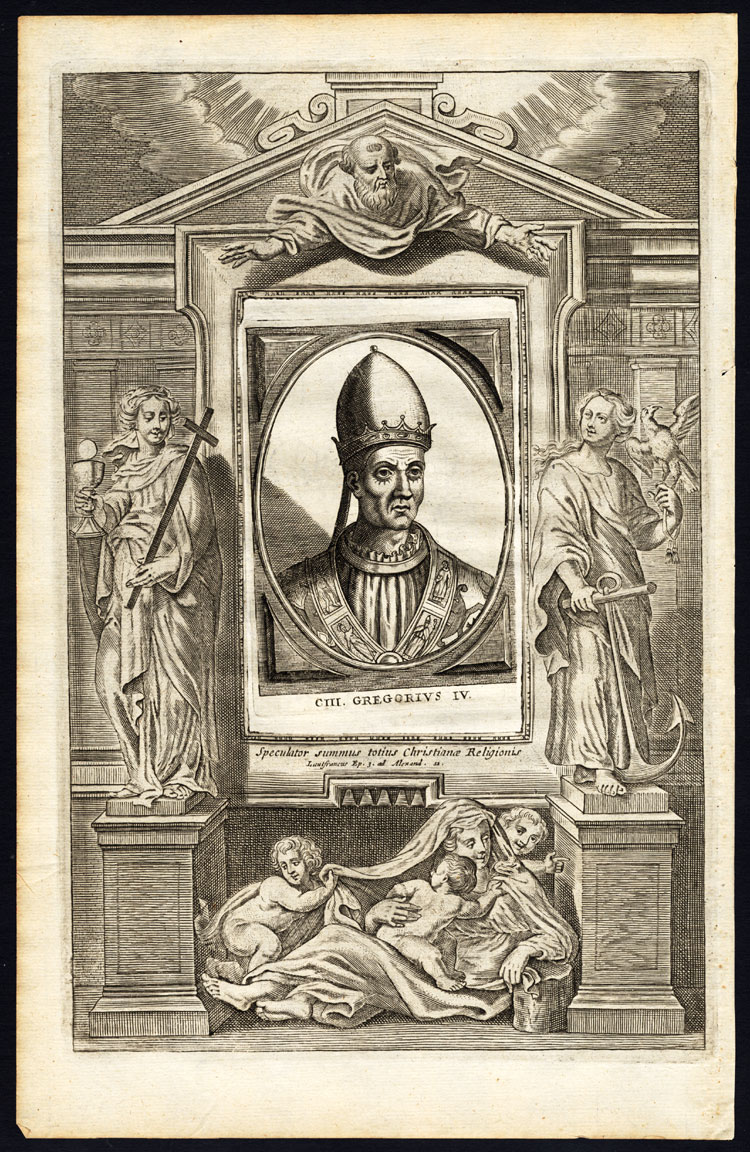 , Antique Print-POPE-SAINT-GREGORY IV-GREGORIUS-CHRISTIAN RELICS-Hazart-1678, Pictura Antique Prints