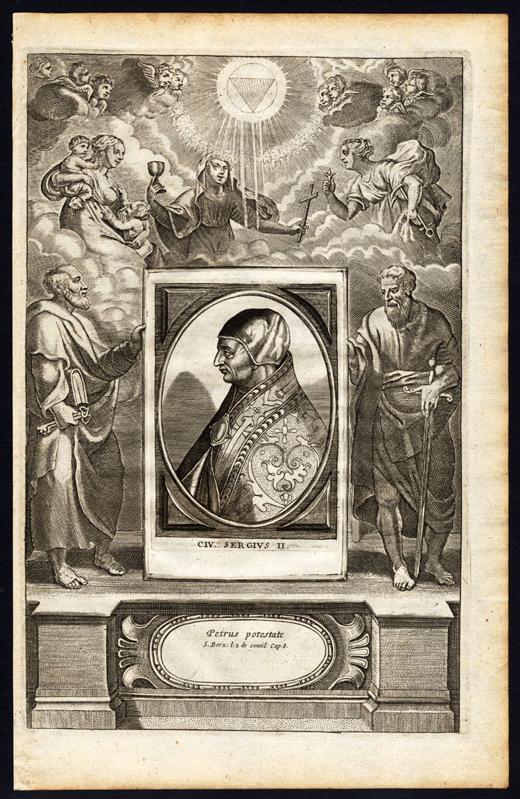 , Antique Print-POPE-SAINT-SERGIUS II-CHRISTIAN RELICS-Hazart-1678, Pictura Antique Prints