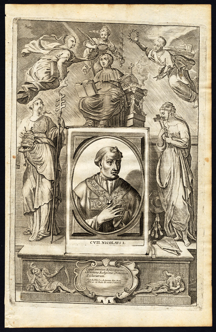 , Antique Print-POPE-SAINT-NICOLAS I THE GREAT-NICOLAUS-MOTHER MARY-Hazart-1678, Pictura Antique Prints