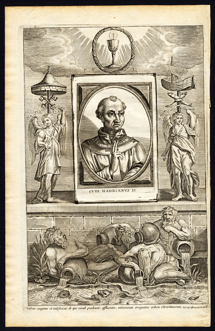 , Antique Print-POPE-SAINT-ADRIAN II-HADRIANUS-CHALICE-ANGELS-Hazart-1678, Pictura Antique Prints