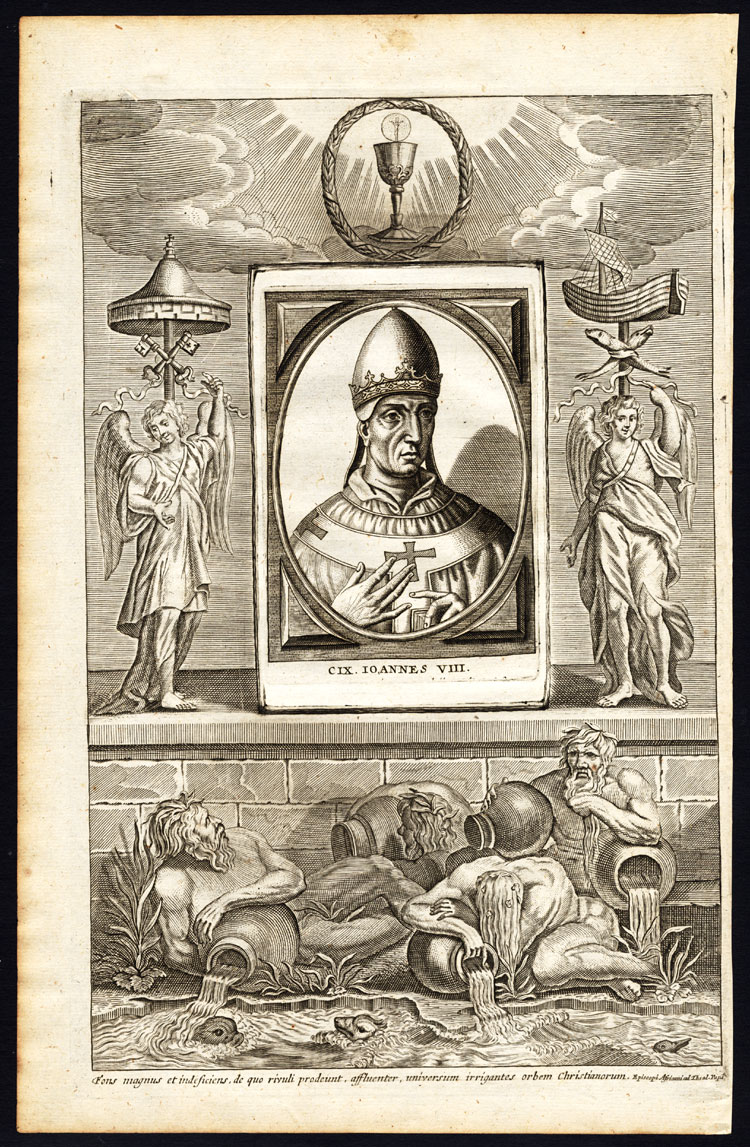 , Antique Print-POPE-SAINT-JOHN VIII-JOANNES-CHALICE-ANGELS-Hazart-1678, Pictura Antique Prints