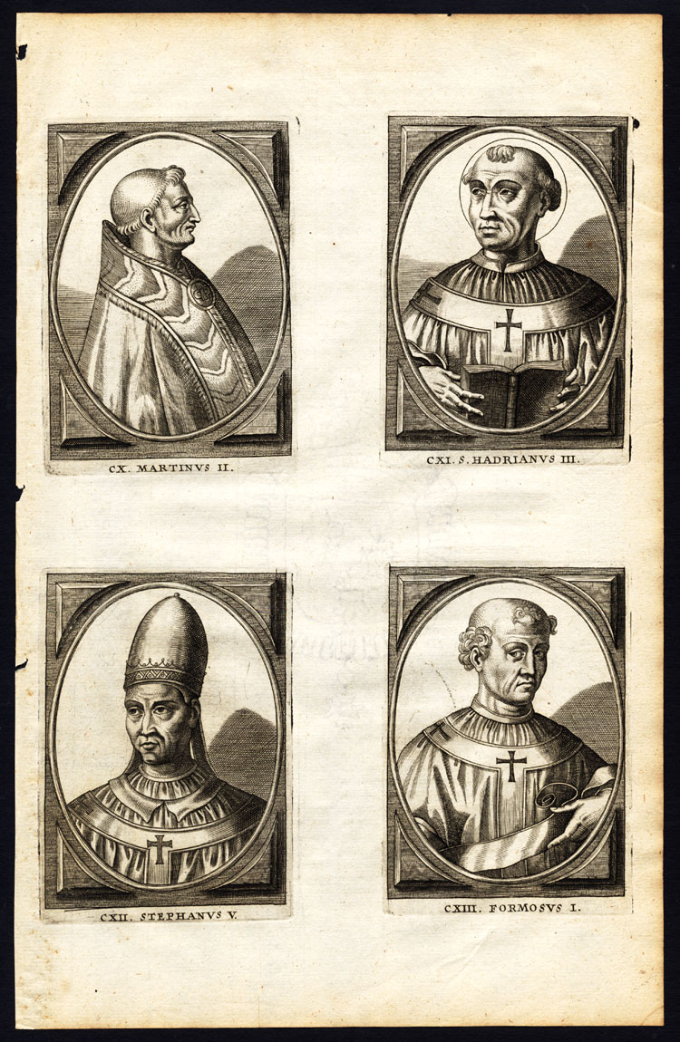 , Antique Print-POPE-SAINT-MARTINUS-ADRIAN III-STEPHEN V-FORMOSUS-Hazart-1678, Pictura Antique Prints