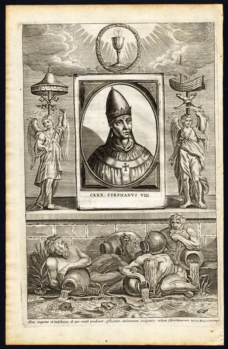 , Antique Print-POPE-SAINT-STEPHEN VIII-STEPHANUS-CHALICE-ANGELS-Hazart-1678, Pictura Antique Prints