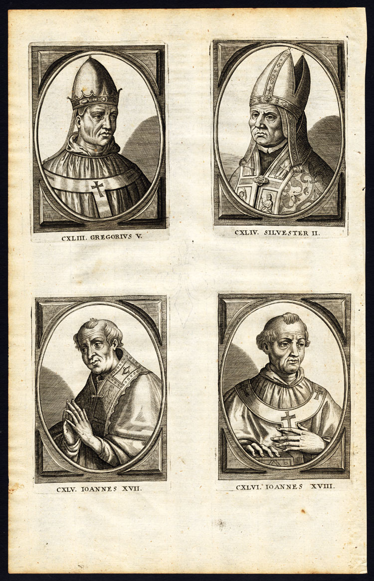 , Antique Print-POPE-SAINT-GREGORY V-SYLVESTER II-JOHN XVIII-Hazart-1678, Pictura Antique Prints