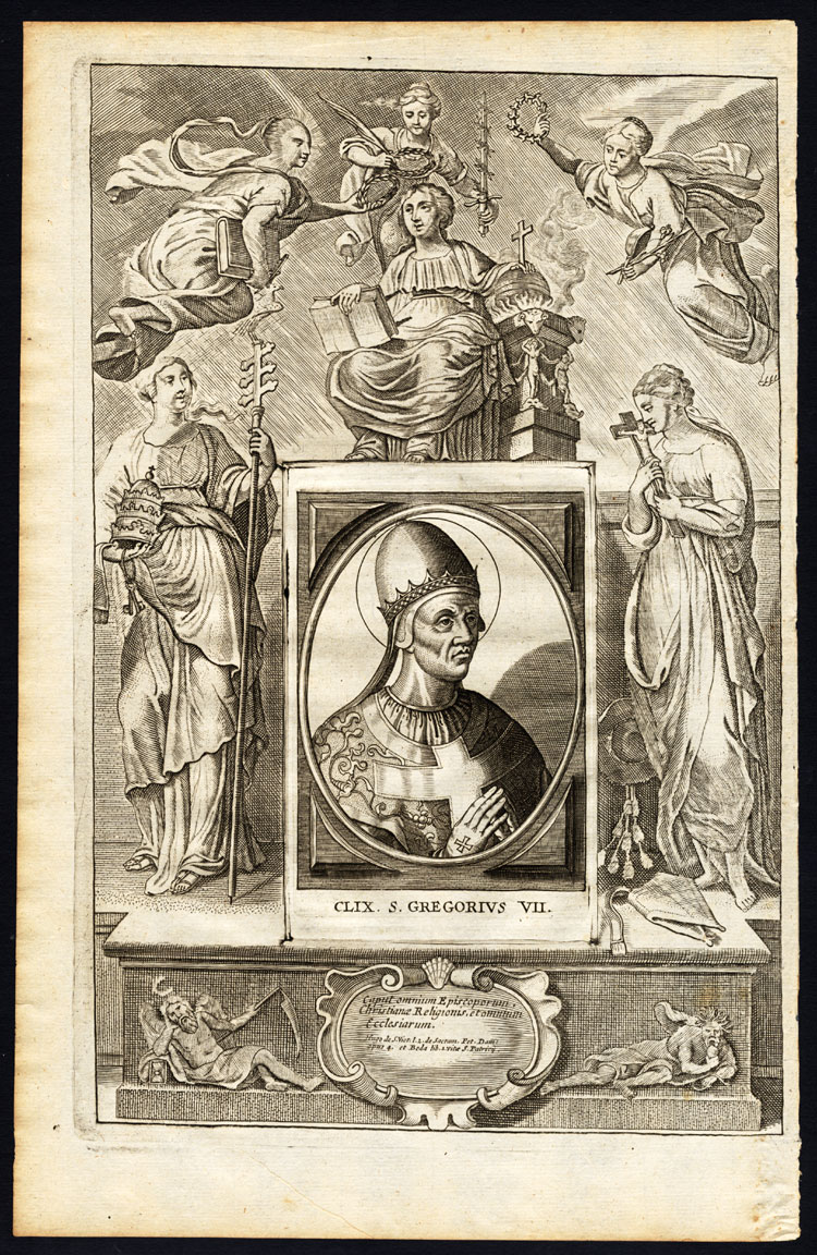 , Antique Print-POPE-SAINT-GREGORY VII-ALLEGORY-MOTHER MARY-RELICS-Hazart-1678, Pictura Antique Prints