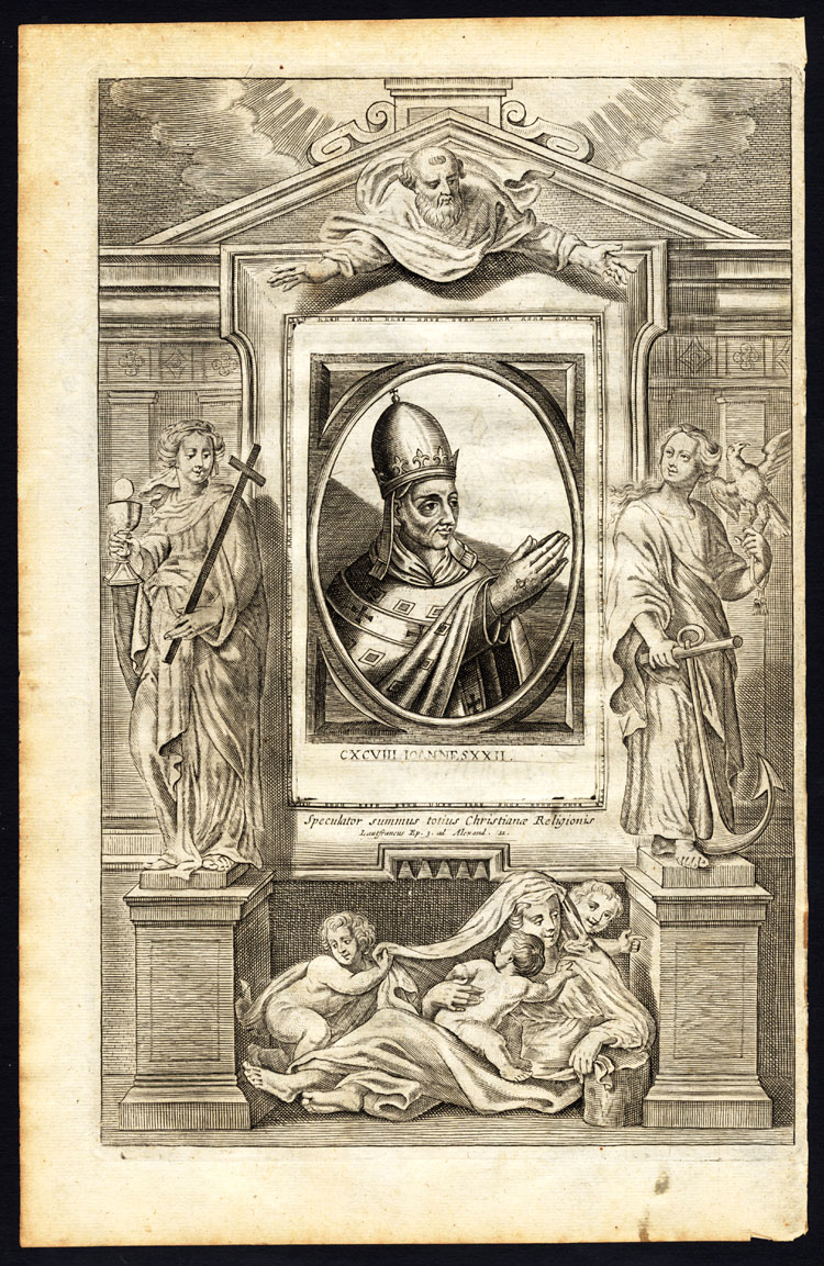 , Antique Print-POPE-SAINT-JOHN XXII-ALLEGORY-STATUE-CHALICE-Hazart-1678, Pictura Antique Prints