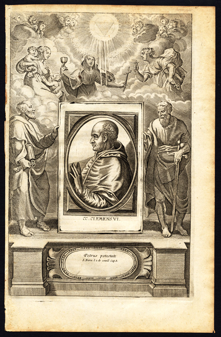 , Antique Print-POPE-SAINT-CLEMENT VI-ALLEGORY-MONK-CHERUB-RELIC-Hazart-1678, Pictura Antique Prints