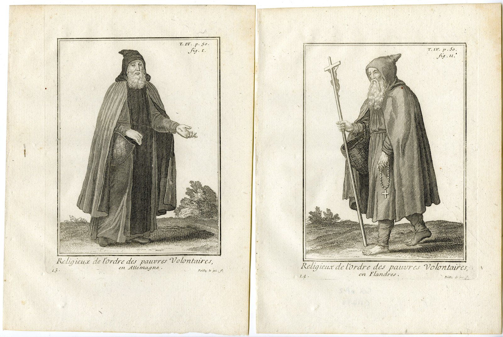 , 2 Antique Religious Prints-ORDER-VOLUNTARY POVERTY-GERMANY-BELGIUM-Helyot-1792, Pictura Antique Prints