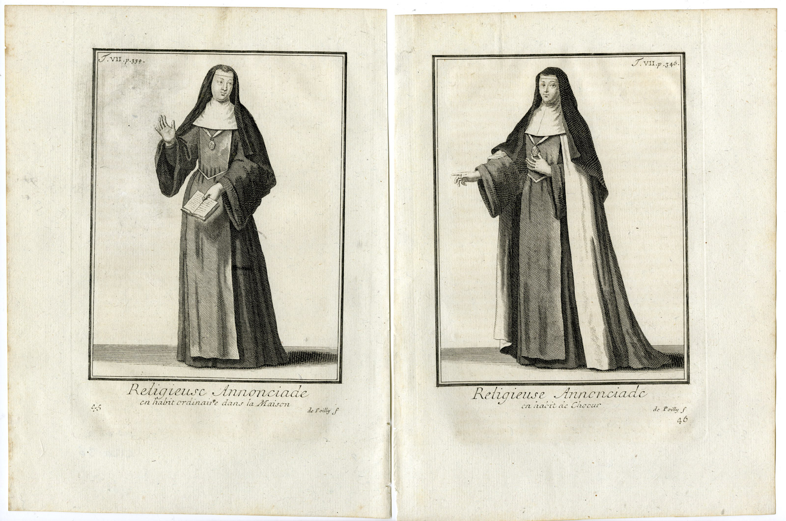 , 2 Antique Religious Prints-ORDER-SISTERS OF THE ANNONCIADE-NUN-Helyot-1792, Pictura Antique Prints