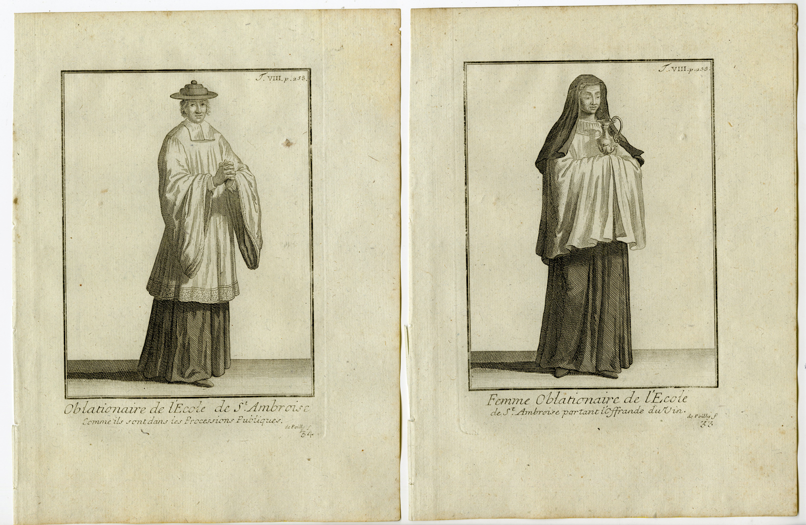 , 4 Antique Religious Prints-OBLATES OF ST AMBROSE-CATHOLIC ORDER-Helyot-1792, Pictura Antique Prints