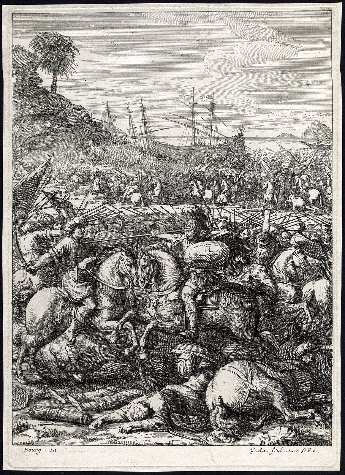 , Antique Print-BATTLE-CAVALRY-ARAB-ALEXANDER THE GREAT-Bourg-Audran-c. 1670, Pictura Antique Prints
