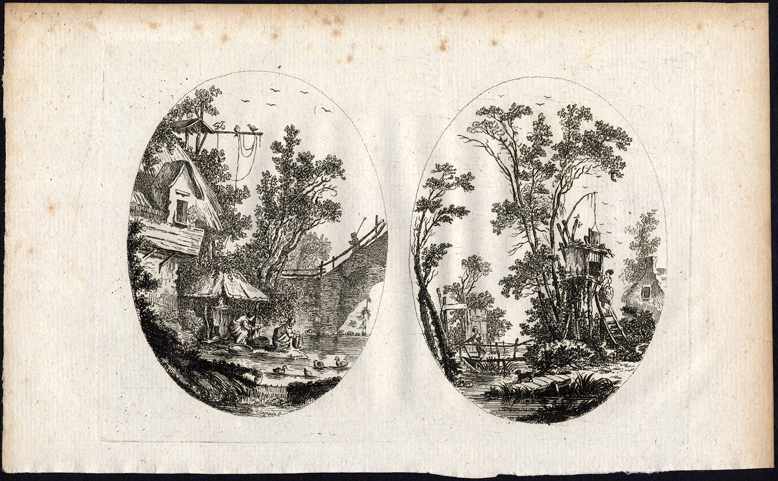 , Antique Print-LANDSCAPE-DOVECOT-WASHING-RIVER-Helman-Campion-1761, Pictura Antique Prints