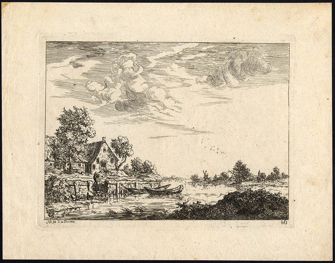 , Antique Master Print-RIVER-LANDSCAPE-ROWING-BOAT-von Hagedorn-1744, Pictura Antique Prints