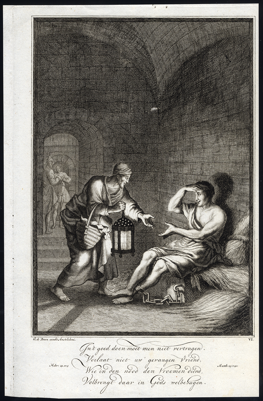 , Antique Master Print-HEBREWS 13:3-PRISON-CHAIN-CHARITY-De Broen-1705, Pictura Antique Prints