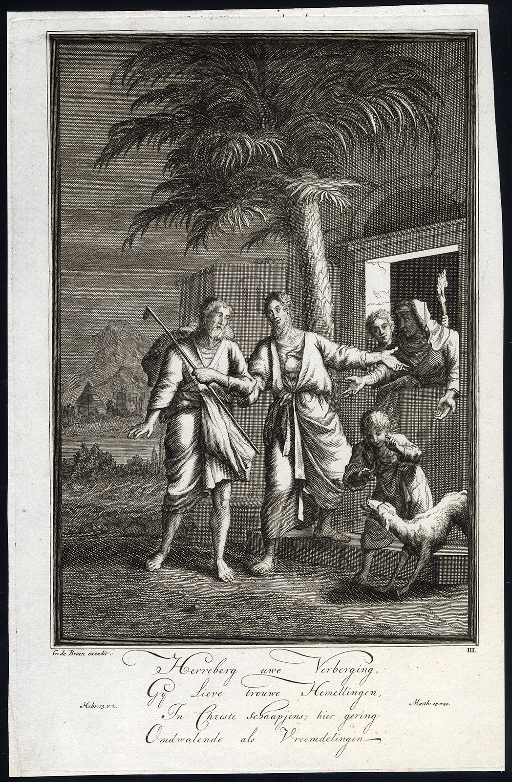 , Antique Master Print-HEBREWS 13:2-HOSPITALITY-De Broen-1705, Pictura Antique Prints